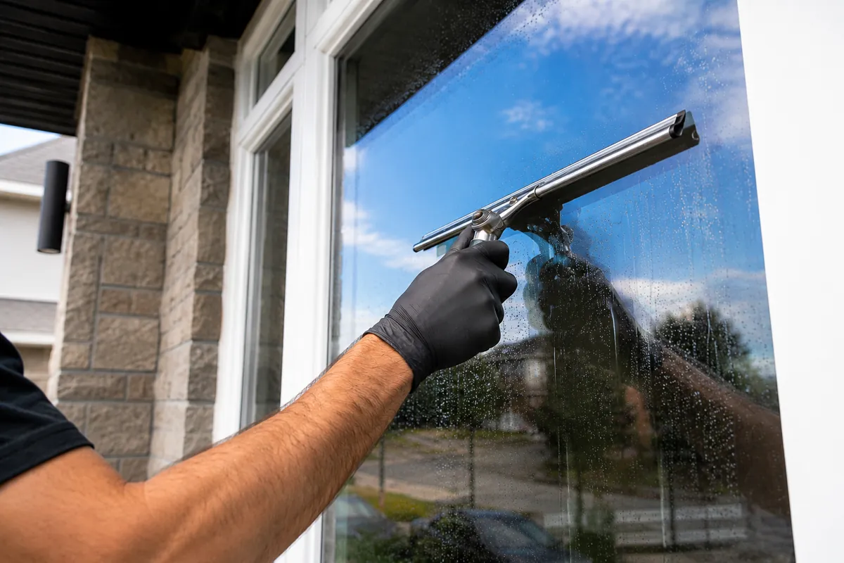 Technicien Fenêtres BT effectuant un lavage de vitres résidentielles